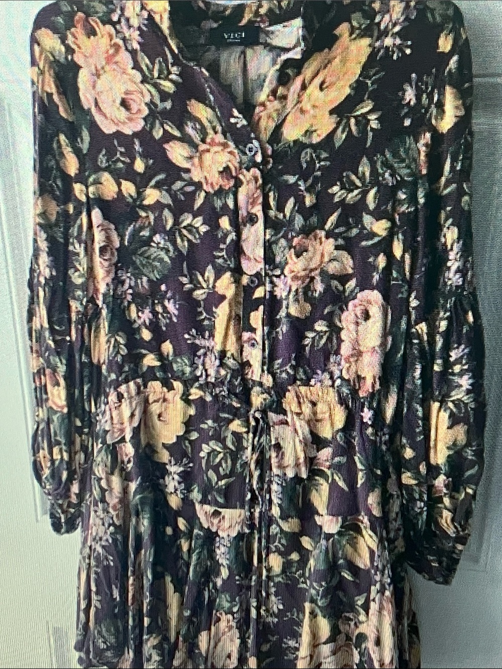 Vici Floral Midi Dress in Plum with Yellow and Pink Blooms